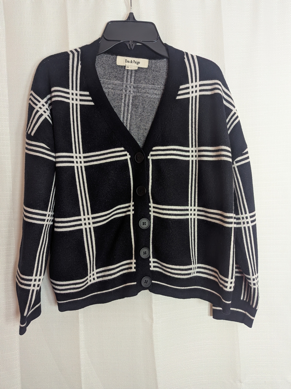 Black Windowpane V-Neck Button Cardigan